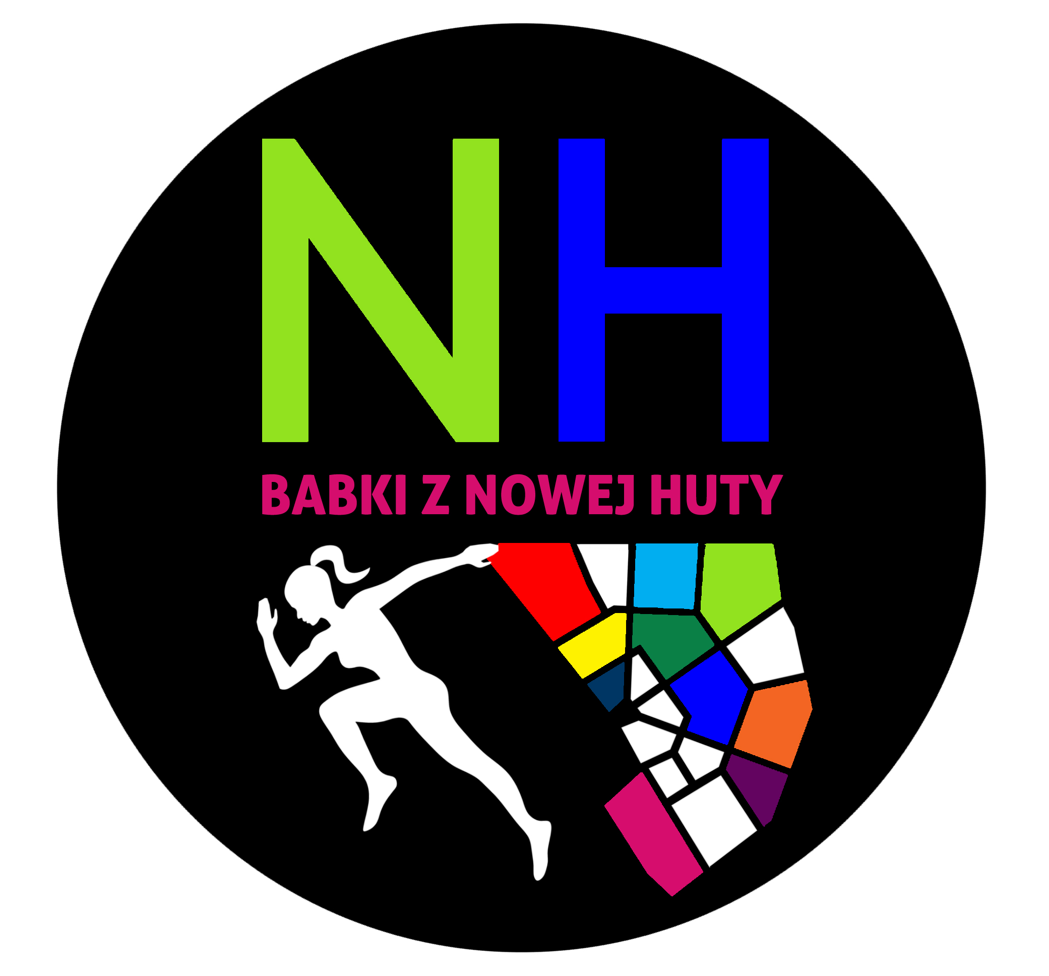 Logo grupy Babki z Nowej Huty na nim postać biegnącej kobiety oraz symboliczna maoa Nowej Huty